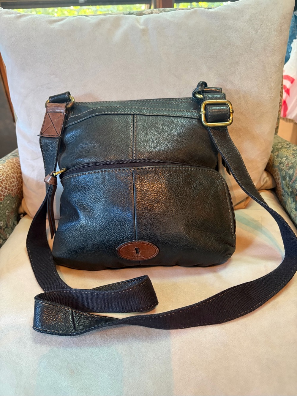 Fossil Black Leather Crossbody with Brown Leather Accent and Brass Hardware